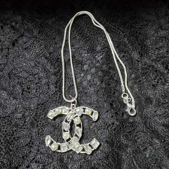 High-end Upcycled charm stamped on the back Silver Necklace with Pearl Accents - Picture 3 of 3